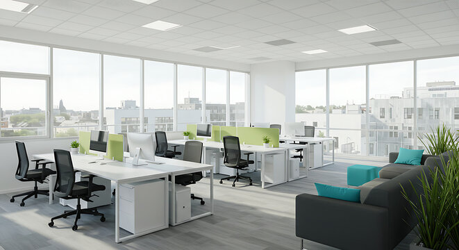 Modern, bright office space with large windows offering city views, featuring workstations and a comfortable seating area.