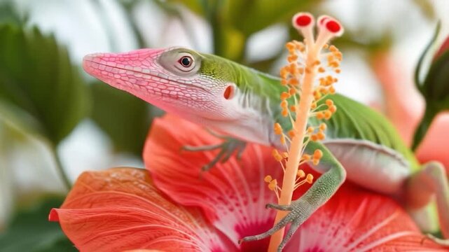 Anolis Lizard on Hibiscus: Vibrant Tropical Beauty