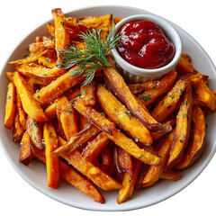 Delicious sweet potato fries with ketchup for a tasty and healthy appetizer isolated on transparent background, png