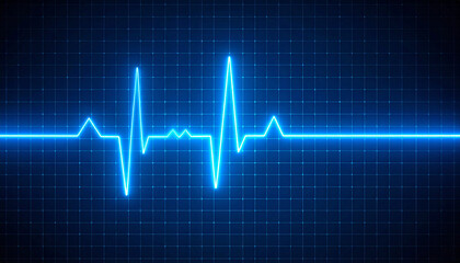 Naklejka premium Rhythmic Pulse of Life: A vibrant blue electrocardiogram line dances across a grid, embodying life's dynamic rhythm, symbolizing health, vitality, and the constant ebb and flow of existence.