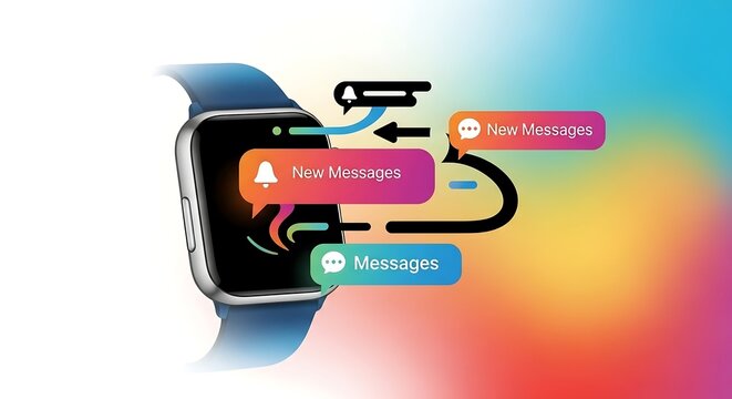 Smartwatch displaying new message notifications with colorful abstract background - Powered by Adobe