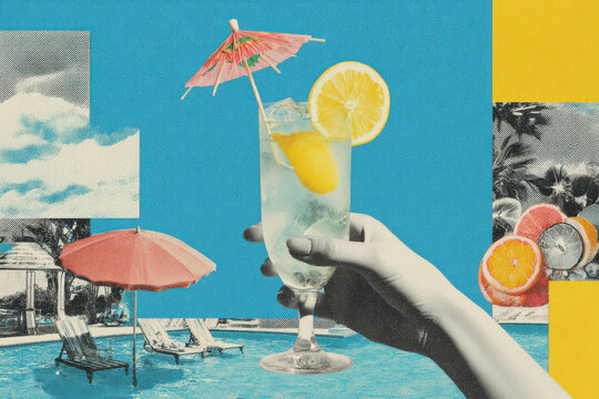 Vintage abstract paper cutout collage of tropical cocktail by poolside under blue sky