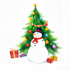 Snowman with Christmas tree and colorful gifts in winter festive card design copy space