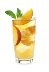 Tasty iced peach tea with mint in glass isolated on white