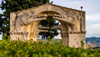 Stone archway adorned with crocodile heads.