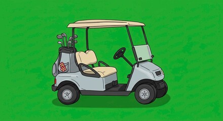 Illustration of a golf cart with golf clubs in a bag on a green background cartoon style image view