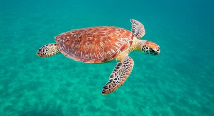 Fototapeta premium A sea turtle swimming gracefully in the turquoise ocean with sunlight reflecting on its shell surface