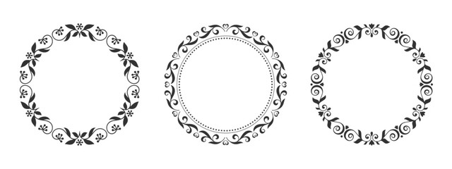 Round ornate border set. Floral loop decorative edge. Elegant outline circular frame. Vintage contour lace ring. Ornamental detailed wreath shape. Retro filigree vignette. Copy space symmetric emblem