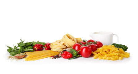 Different types of pasta and ingredients isolated on white