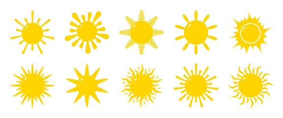 Yellow suns vector set with various form sunbeam. Sunlight sign in flat style. Sun front view. Flare symbol, glow. Round sunshine icon, heat star brightness. Day light simple design solar summer mood
