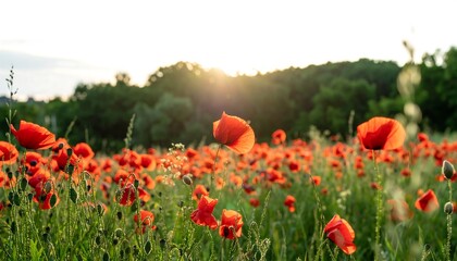 Vibrant red poppies in a field at sunset.