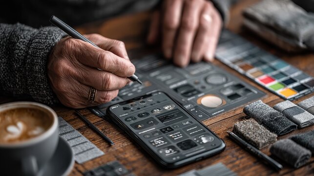 Senior man carefully draws storyboard panels with a pencil at his home studio