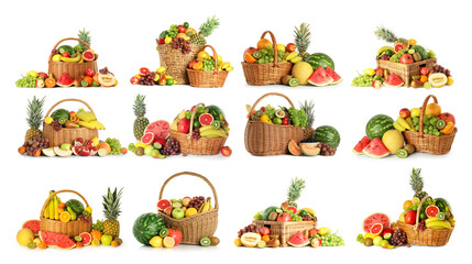 Different fresh fruits isolated on white, set