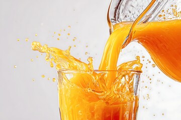 Orange juice splashing into a glass from a jug pouring