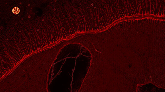 Oligodendroglia stained with Rio Hortega variant and Golgi silver chromate featuring rounded soma and thin processes Dark thick traces depict blood capillaries