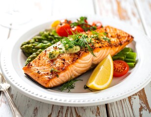 Grilled salmon fillet with asparagus and cherry tomatoes