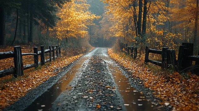 A rainy autumn day on a scenic road through a forest with colorful foliage and wooden fences.