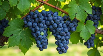 Fototapeta premium Fresh ripe purple grapes hanging on green vineyard