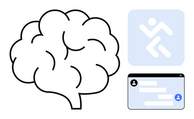 Brain outline paired with a chat interface and a movement icon. Ideal for creativity, problem-solving, communication, collaboration, innovation, brainstorming, simple landing page