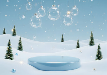 Light blue podium on snowy landscape with Christmas trees and hanging glass baubles winter