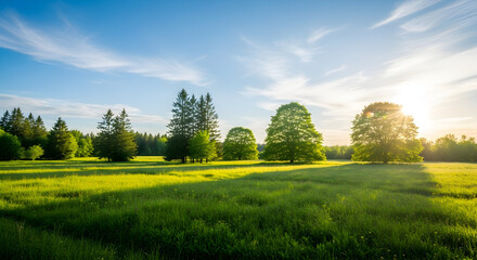 Lush green meadow with scattered trees under a bright blue sky with wispy clouds at sunset