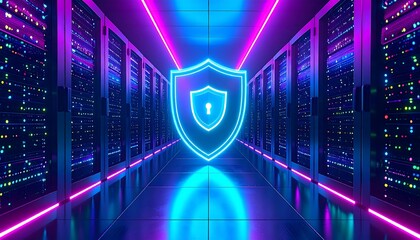 A server room bathed in vibrant neon lights, showcasing a powerful security shield, projecting an atmosphere of digital protection.