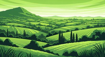 Rolling green hills and fields under a cloudy sky with distant mountains and cypress trees