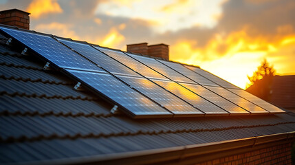 Solar panels on roof at sunset renewable energy sustainable technology