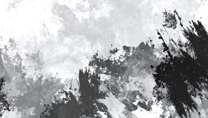 A dynamic abstract design featuring dramatic brushstrokes and splatters of gray and black ink, creating a textured and layered visual effect.