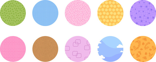 Collection of ten round kawaii highlight cover backgrounds with abstract textures in pastel and bright colors. Perfect for social media design. Stock vector illustration in flat style.