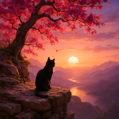Black Cat Silhouette at Sunset with Cherry Blossom Tree