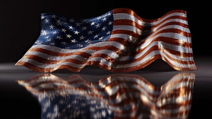 Artistic United States flag with metallic texture and dramatic reflection on a glossy surface. Perfect for patriotic themes, political campaigns, corporate visuals, and national celebrations.