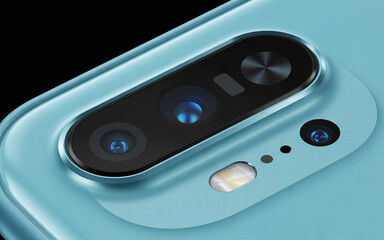 Extreme close-up of a modern smartphone camera lens, showing precise glass reflections