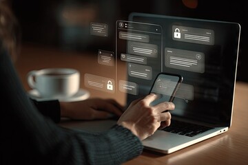 Secure messaging app interface shown on laptop and phone