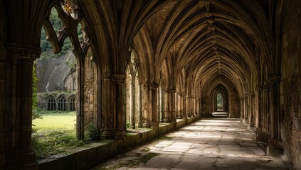 Obraz premium Sunlit stone cloister, Gothic arches, ancient ruins, overgrown courtyard