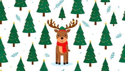 Christmas pattern with reindeer and christmas trees.