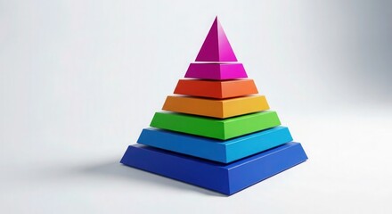 A colorful pyramid with layers of blue green yellow orange pink and purple on a white background space