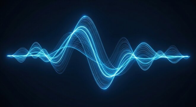 A glowing blue waveform pattern against a dark background showing wave oscillations and light energy - Powered by Adobe
