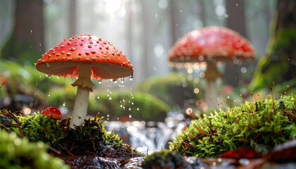 A vibrant red mushroom, covered in droplets of water, stands majestically in a misty forest setting, surrounded by lush green moss and a gentle stream.