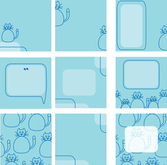 Set of 9 square templates featuring cats on a light blue background. Perfect for Instagram posts, social media templates, or creative presentations. Ideal for digital content, graphic design projects.