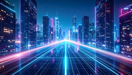 Fototapeta premium Symmetrical futuristic city night view with glowing neon grids and light trails
