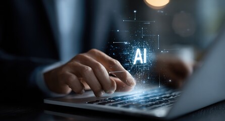 Person interacts with AI on laptop, showcasing digital transformation