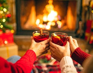 Clinking mugs of mulled wine in front of a fireplace, cozy holiday 