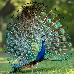 Obraz premium Peacock with full fanned tail feathers in a grassy park