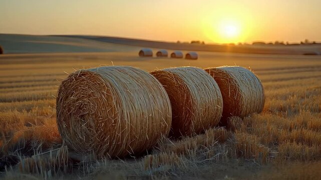 Hay bales in a field at sunset, creating a warm, peaceful, and idyllic scene.