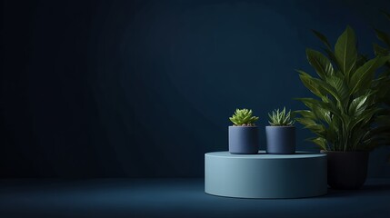 Minimal dark blue background with plants in pots on a round table