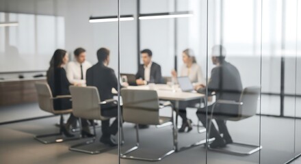 Blurred image of a business meeting in progress. A group of professionals sit around a large table in a modern, glass-walled conference room. They appear to be engaged in discussion or colla