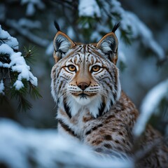 Obraz premium Close-up portrait of a lynx in a snowy forest setting