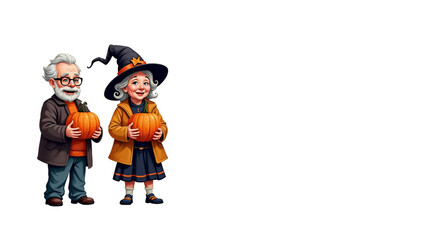Happy elderly couple holding pumpkins - transparent background 