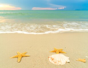Golden sand beach with starfish and seashell.  Soft waves